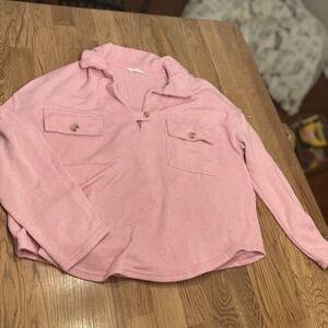 Lulu Pepper Women's Bright Pink Terry Cloth Pull Over Button Fall Shirt Large L
